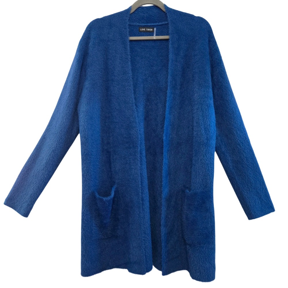 Love Token Artsy Chic Royal Blue Eyelash Knit Open Front Cardigan Coat Womens XL